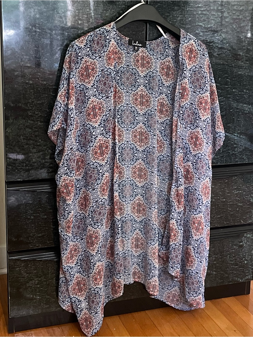 Lulu's Boho Chic Blue and Rust Paisley Medallion-Retro Print Open Kimono